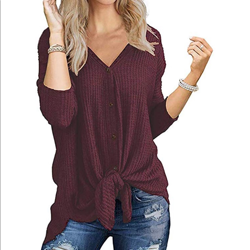 Wine Red Henley Waffle Knit Tie Top